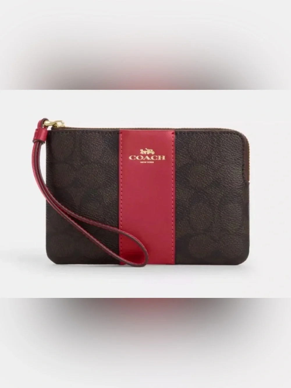 Coach Brown Signature Wristlet with Red Stripe NWT